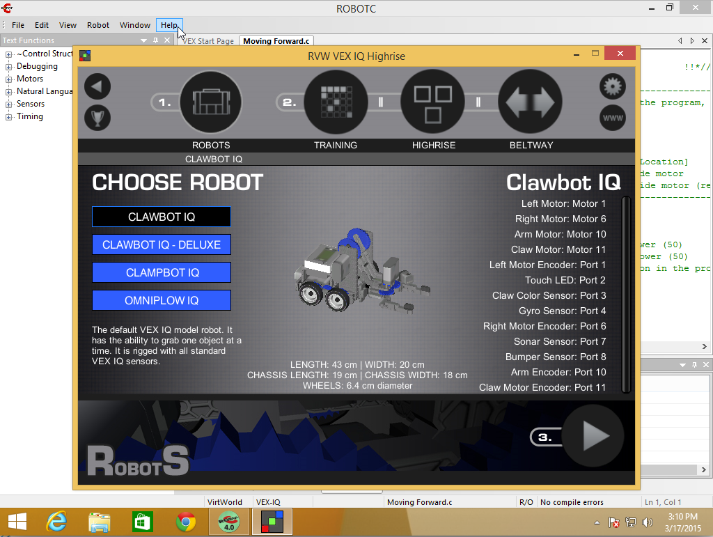 Robot Virtual Worlds Home Screen and Robot Selection