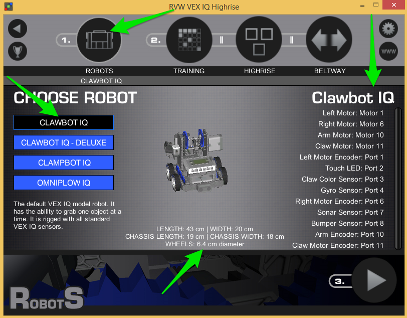 Robot Virtual Worlds Robot Select with Dimensions and Sensor setup